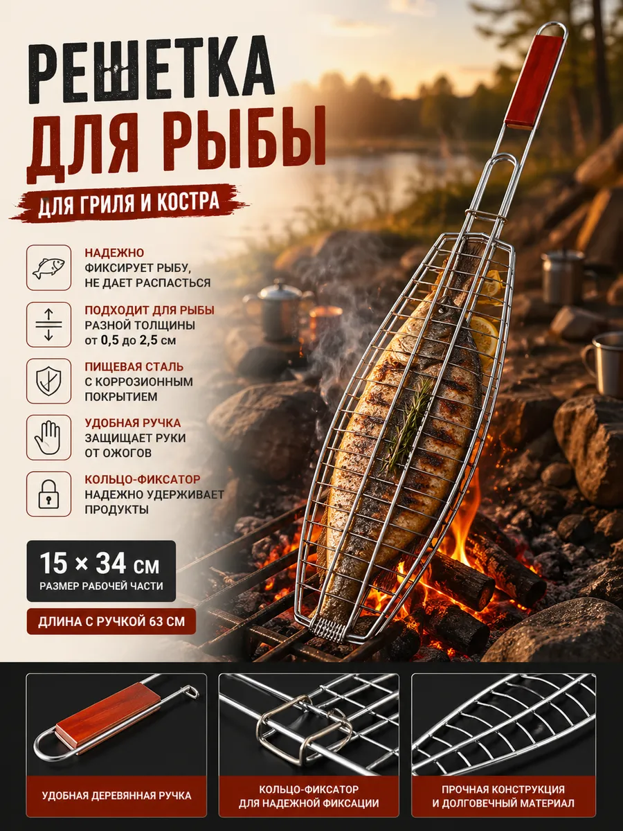 Решетка для рыбы на мангал, размер 15*34 см