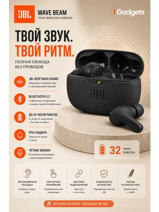 JBL Беспроводные наушники черные Wave Beam, черный, фото 2
