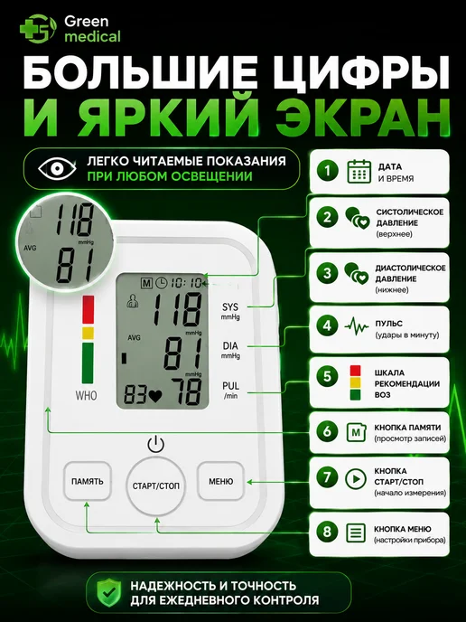 Green Medical Тонометр автоматический на плечо для измерения давления, зеленый, фото 8