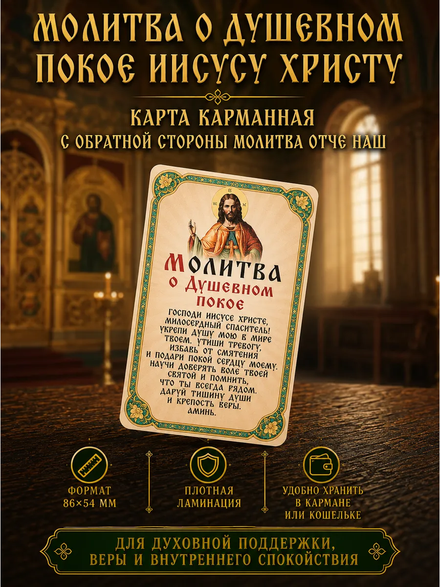 Молитва о душевном покое и Отче Наш карточка в кошелек