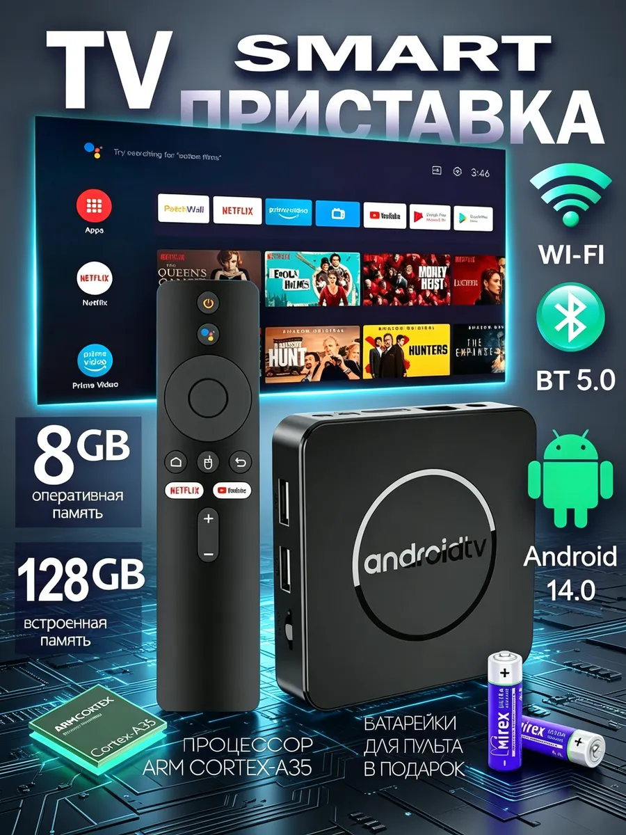 ТВ-приставка Smart TV Box Android 14 с поддержкой 4K и WiFi