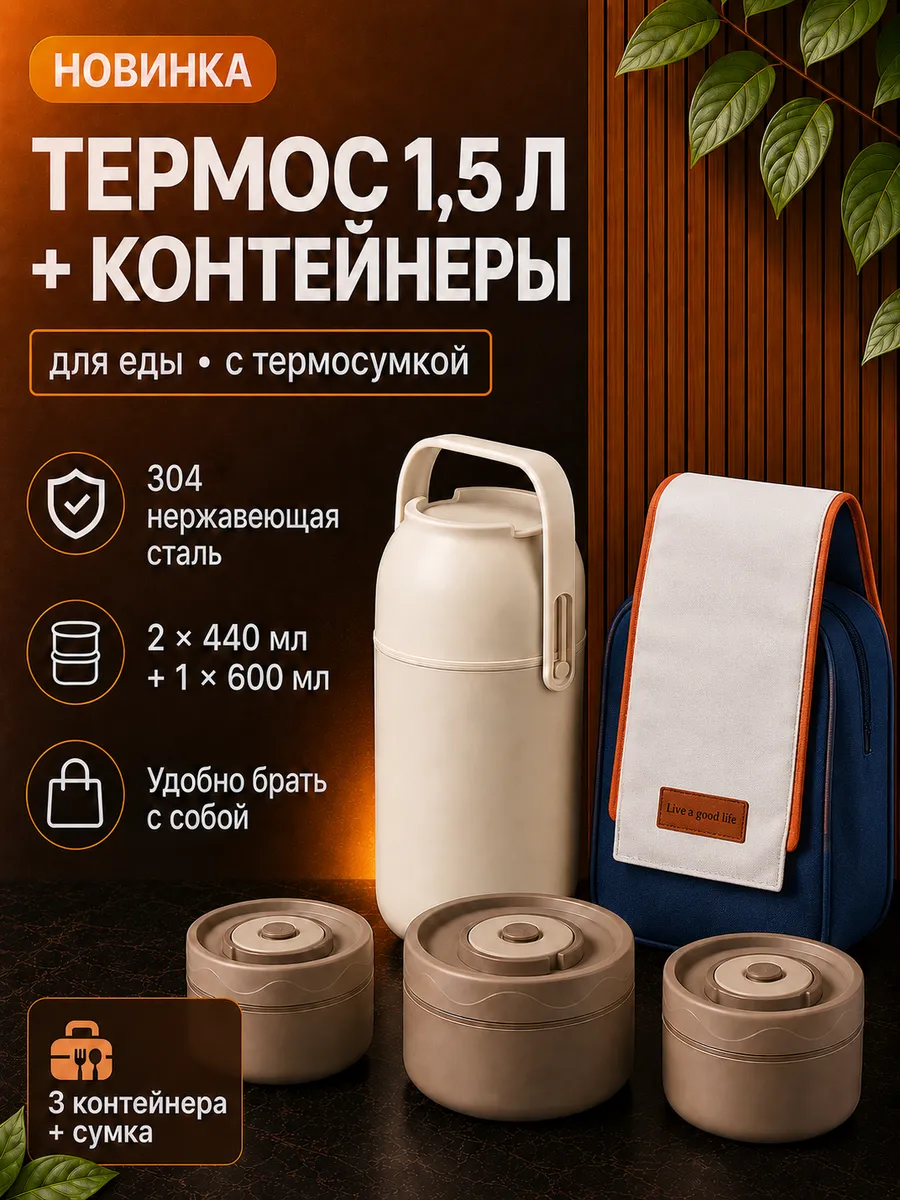 Термос для напитков и еды 1500мл с сумкой и контейнерами