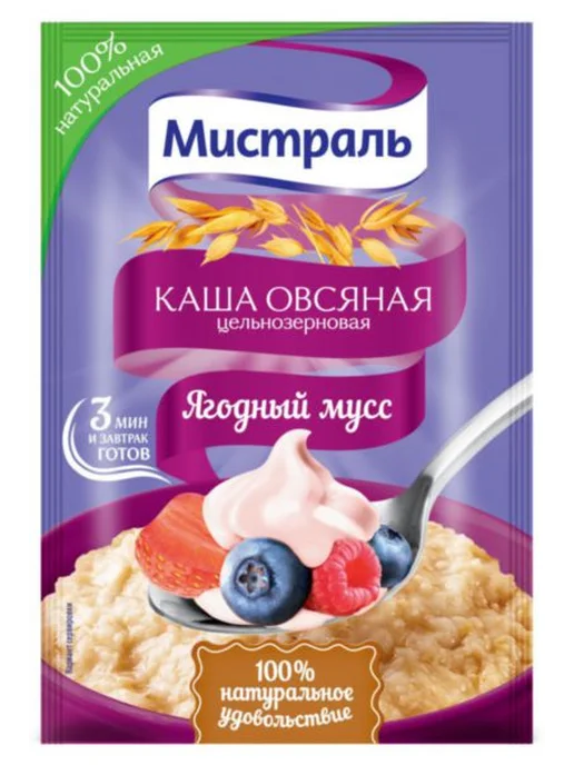 Нет бренда Каша овсяная цельнозерновая Мистраль Ягодный мусс, 40г, 40 г