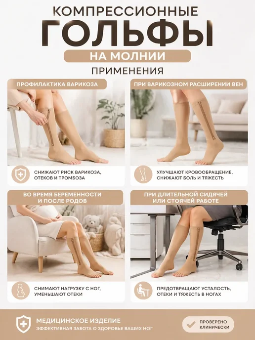 СА15 Компрессионные гольфы на молнии медицинские против варикоза, бежевый, фото 2