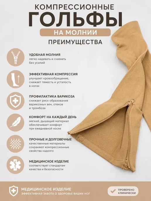 СА15 Компрессионные гольфы на молнии медицинские против варикоза, бежевый, фото 3