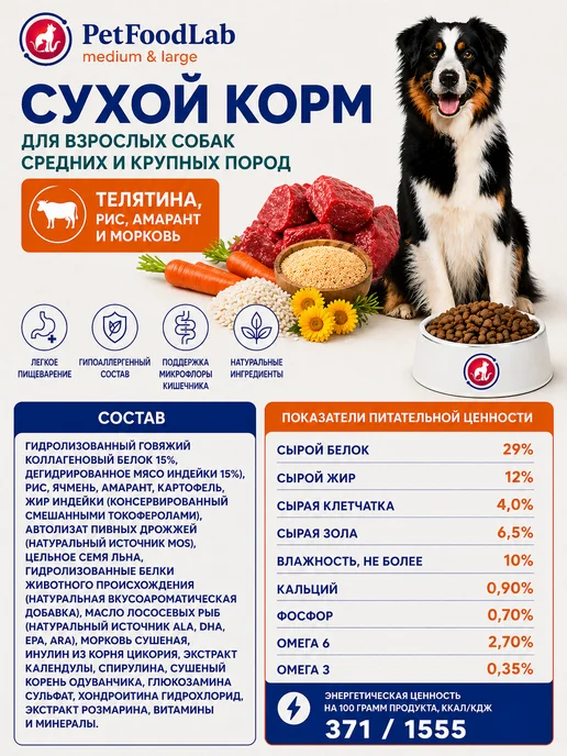 Сухой корм PetFoodLab для собак, гипоаллергенный, крупные, средние, 1,2 кг, фото 3
