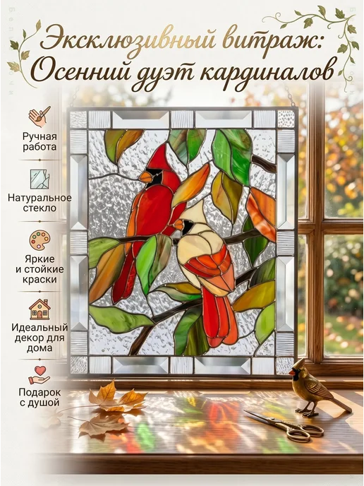 Витражное панно Птицы на ветке декор на окно 20 см, вариант