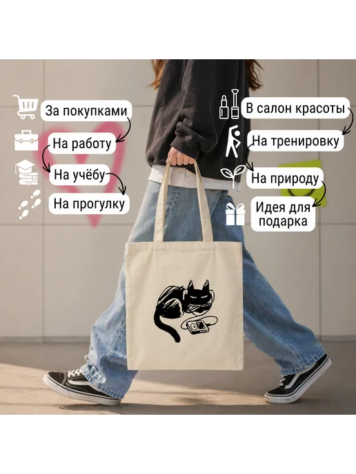 Inomarka Сумка шоппер бежевая молодежная эко хлопок Котик с плеером, бежевый, фото 6