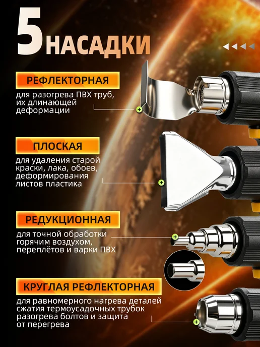 FOGERA фен Строительный аккумуляторный 2 АКБ 550℃ 5 насадок, желтый, фото 2