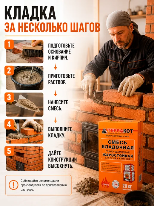 Терракот Смесь кладочная жаростойкая для печей и каминов 5 кг, 20 кг, фото 5