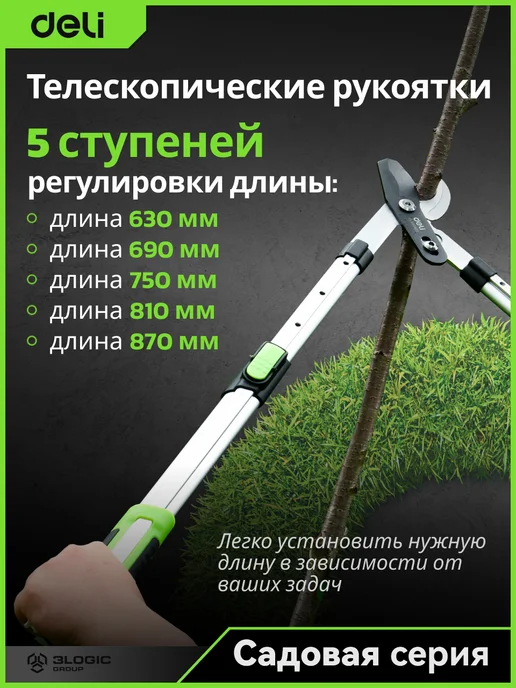 DELI Сучкорез телескопический усиленный 630-870мм DL580423, зеленый, фото 3