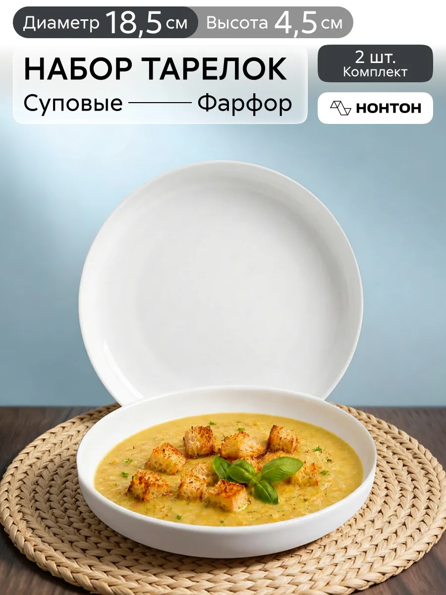 Тарелки для супа обеденные фарфор 19 см, в наборе 2 шт