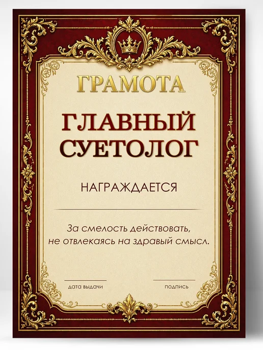 ТИТЛЪ Шуточная грамота главному суетологу - подарок другу, красный