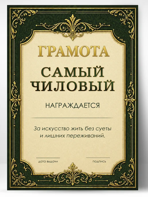 ТИТЛЪ Подарочная грамота королю безмятежности - подарок другу, зеленый