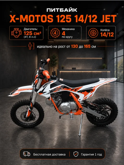 ТЕХНОМОТОРФ Питбайк X-MOTOS 125 14 12 JET механика, серый