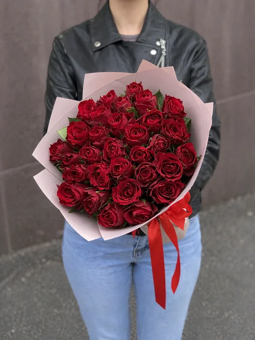 ROZA4U Букет живых цветов из 25 роз в коробке, красный, фото 2