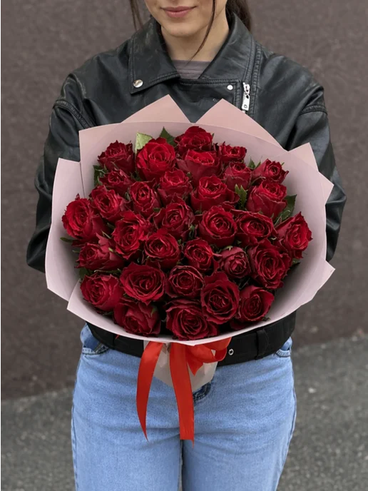 ROZA4U Букет живых цветов из 25 роз в коробке, красный, фото 3