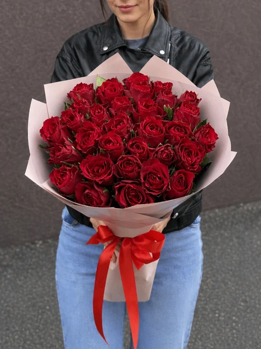 ROZA4U Букет живых цветов из 25 роз в коробке, красный, фото 4