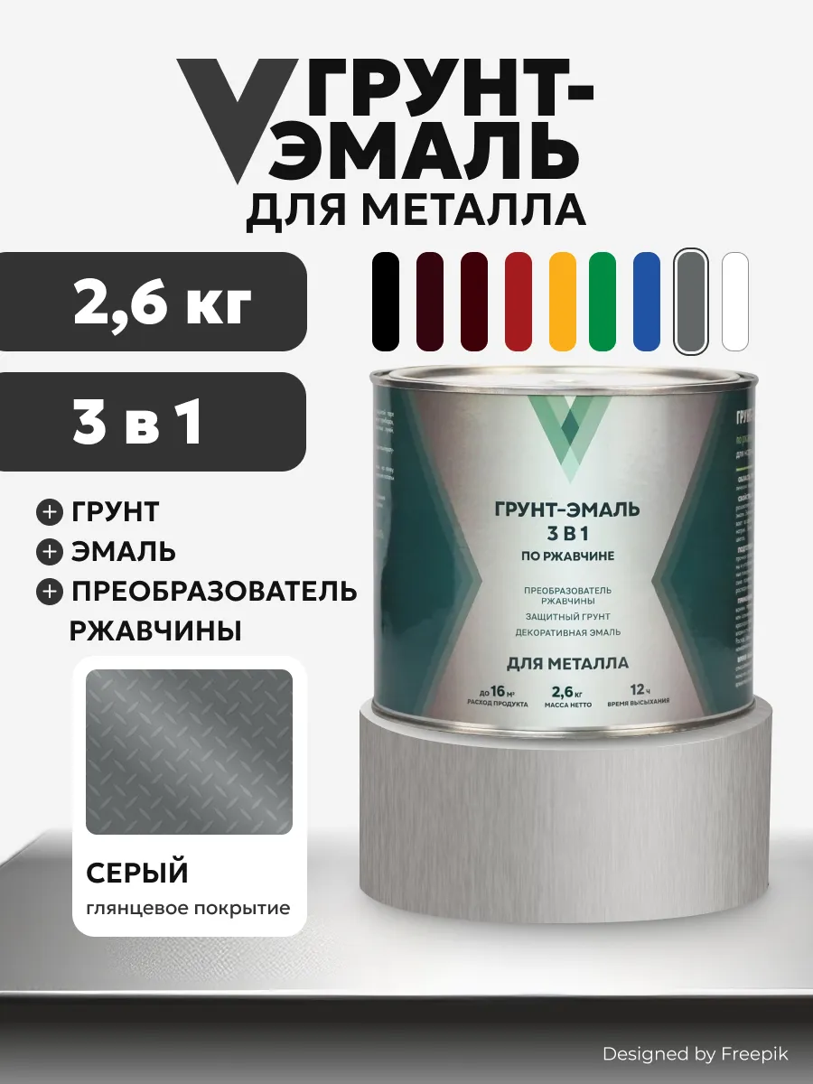 Грунт- эмаль по ржавчине 3 в 1 серая, 2,6 кг