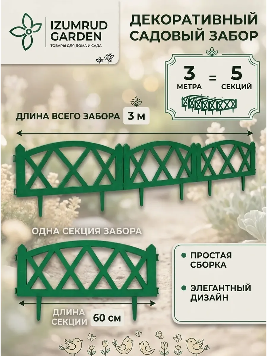 Садовый заборчик Модерн / 5секций/ 3 метра/ зеленый