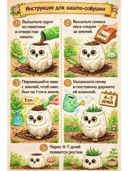 Sweet hobby Набор для самостоятельного выращивания травы белая сова, черный, фото 4