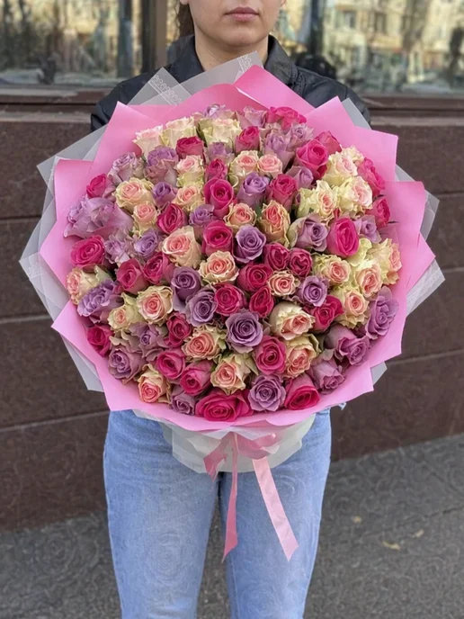 ROZA4U Букет живых цветов 101 роза розовый микс, розовый, фото 2