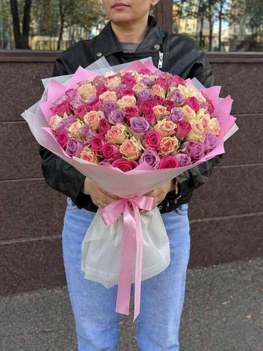 ROZA4U Букет живых цветов 101 роза розовый микс, розовый, фото 3