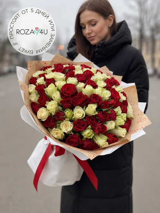 ROZA4U Букет живых цветов 101 белая роза, белый