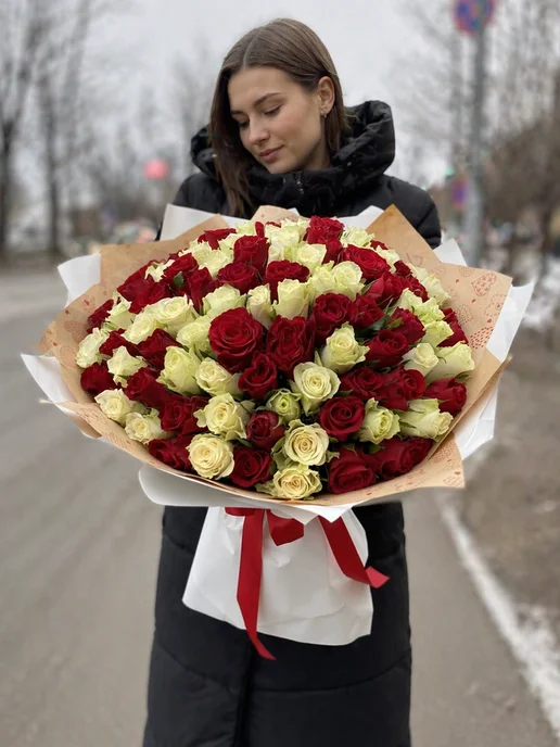 ROZA4U Букет живых цветов 101 белая роза, белый, фото 2