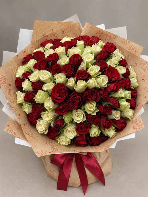 ROZA4U Букет живых цветов 101 белая роза, белый, фото 3