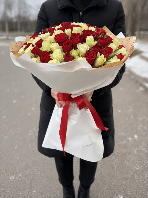 ROZA4U Букет живых цветов 101 белая роза, белый, фото 4