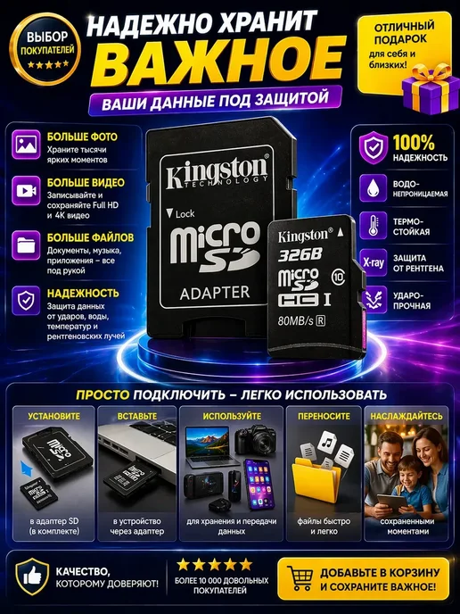 МАЛИКОН MicroSD карта памяти 32GB для камеры регистратора телефона, 32 ГБ, фото 4