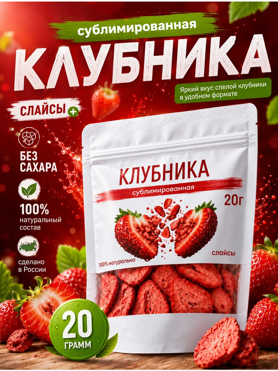 Клубника сублимированная слайсы 20г, без сахара, хрустящая
