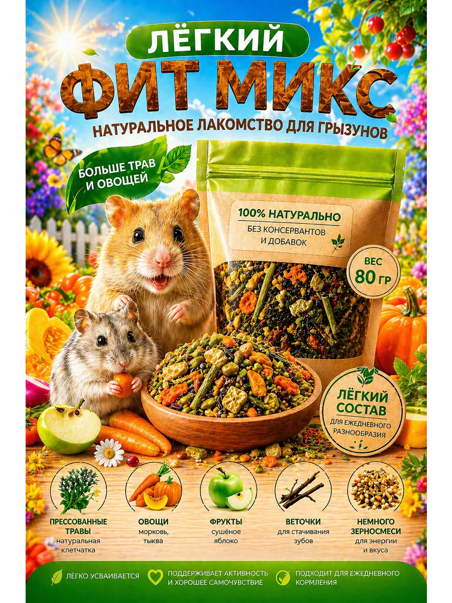 Лёгкий фит микс для крыс, хомяков и грызунов 80 гр