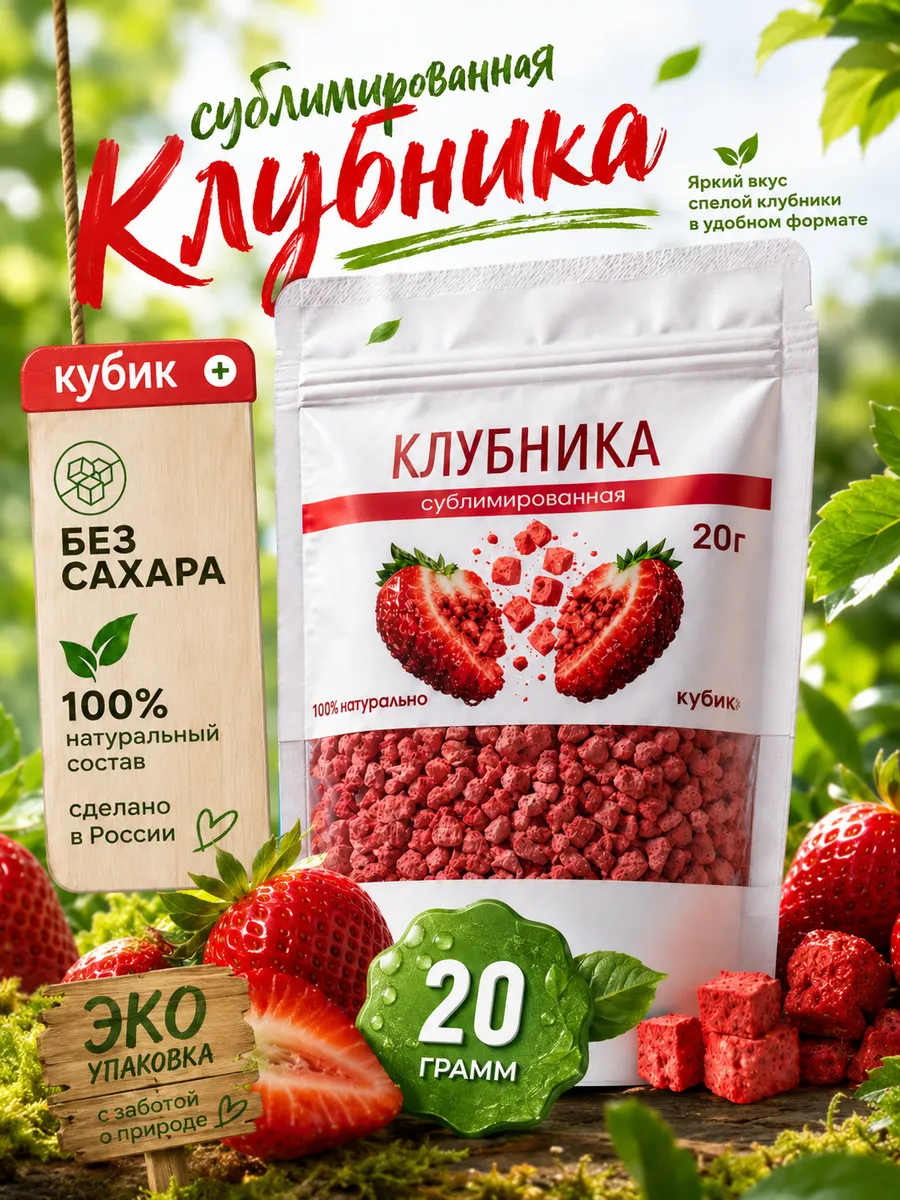 Клубника сублимированная кубик 20г, без сахара, хрустящая