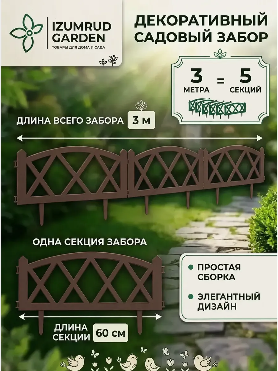 Садовый заборчик Модерн 5секций 3 метра шоколад