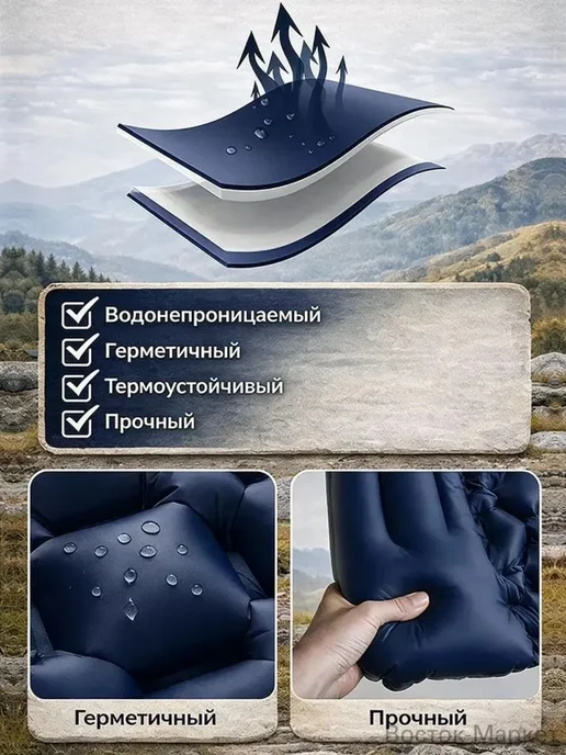 Надувная дорожная подстилка с подушкой, встроенный насос, св…, голубой, фото 7