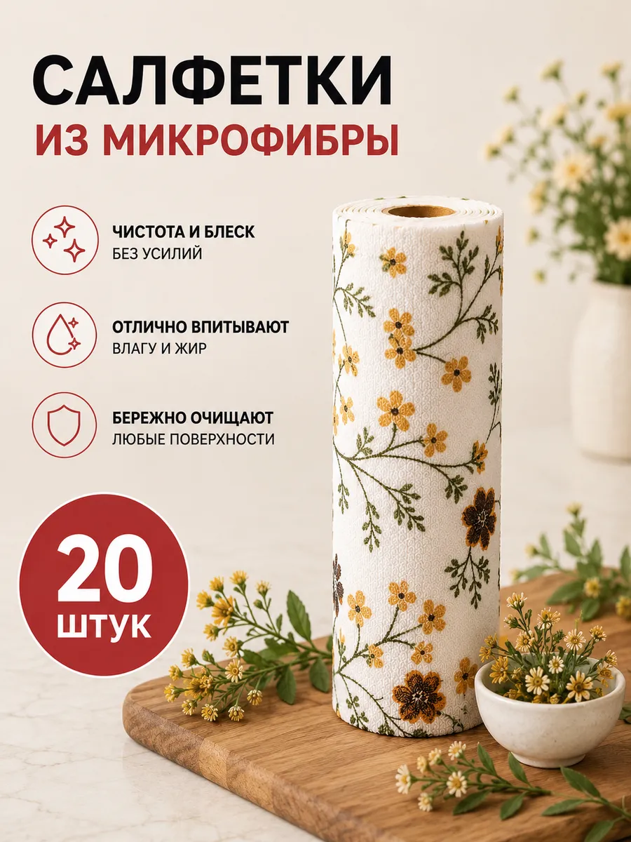 Салфетки для уборки из микрофибры в рулоне - 20 шт. (25х25)
