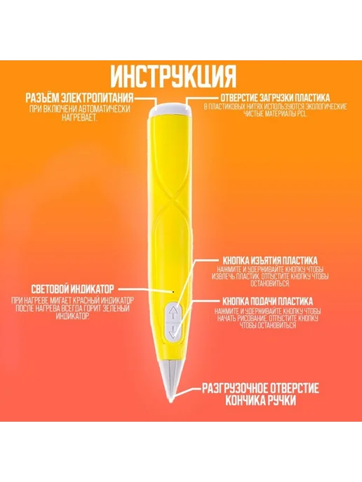 Нет бренда 3D ручка жёлтая, светящаяся в темноте, PCL пластик, желтый, фото 2