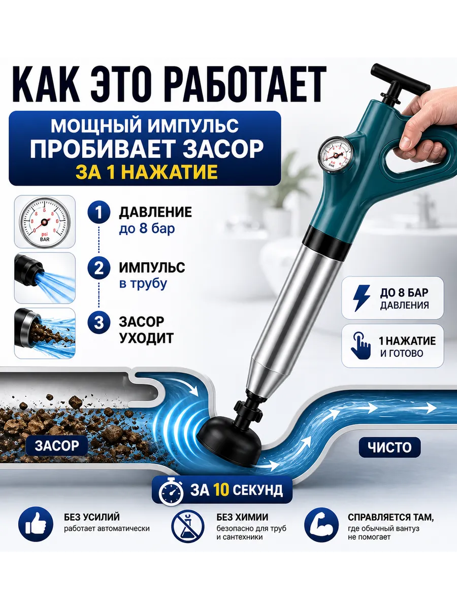 пневматический вантуз для прочистки труб и канализации