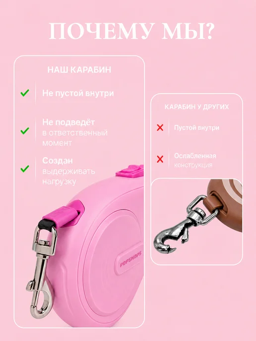 PopsMops Поводок для собак мелких и крупных до 50 кг рулетка, розовый, фото 8