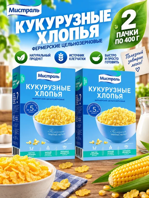 МИСТРАЛЬ Кукурузные хлопья 2 пачки по 400 грамм фермерские без варки, 2