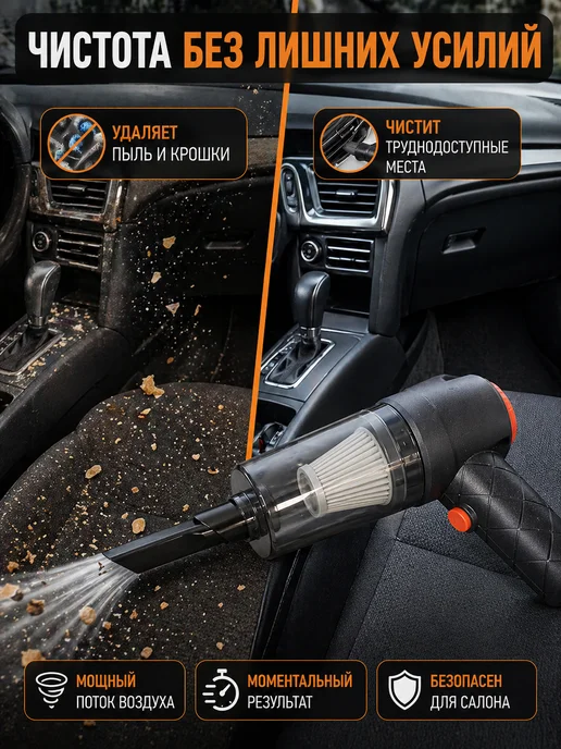 АЗА30 Пылесос для автомобиля беспроводной мощный, черный, фото 3