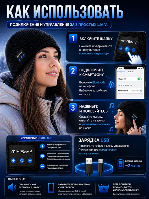 САРЫШКА 2 Шапка с Bluetooth наушниками зимняя вязаная, черный, фото 3