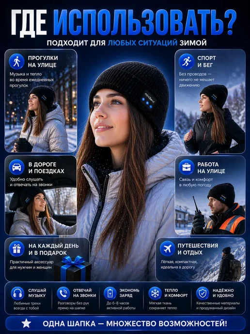 САРЫШКА 2 Шапка с Bluetooth наушниками зимняя вязаная, черный, фото 4