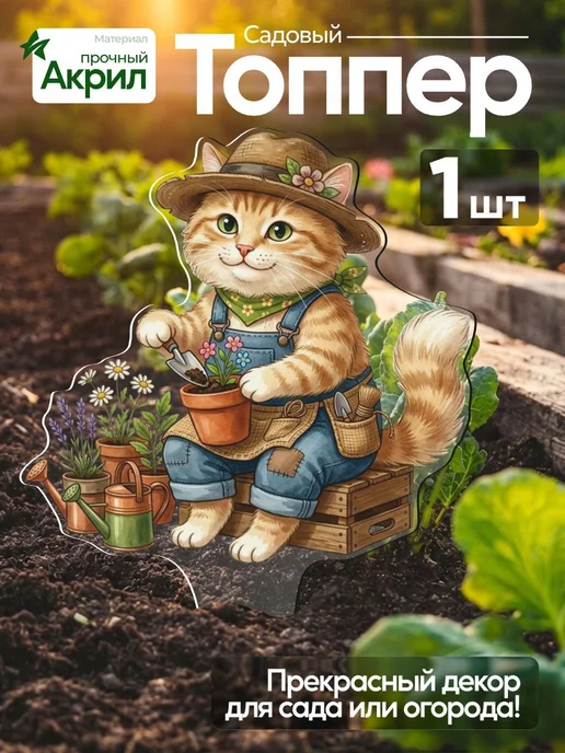 WoW! Эффект! Топпер табличка Котик садовник иллюстрация 1 штука, белый