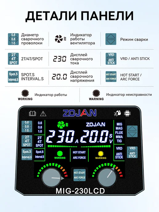 ZOJAN сварочный полуавтомат с газом MIG-230LCD, черный, фото 5