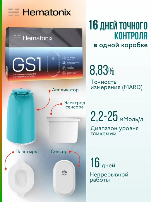 Датчик глюкозы Hematonix GS1 (Гематоникс), мониторинг сахара в крови без прокола пальца, 1 шт. + 2 салфетки, 4 шт, фото 7