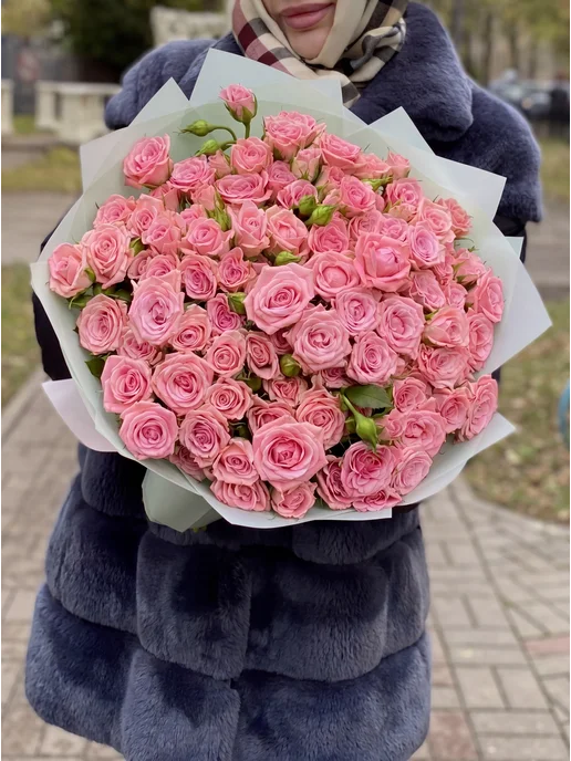 ROZA4U Букет живых цветов 25 розовых кустовых роз, розовый, фото 2