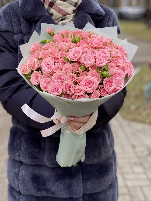 ROZA4U Букет живых цветов 25 розовых кустовых роз, розовый, фото 3